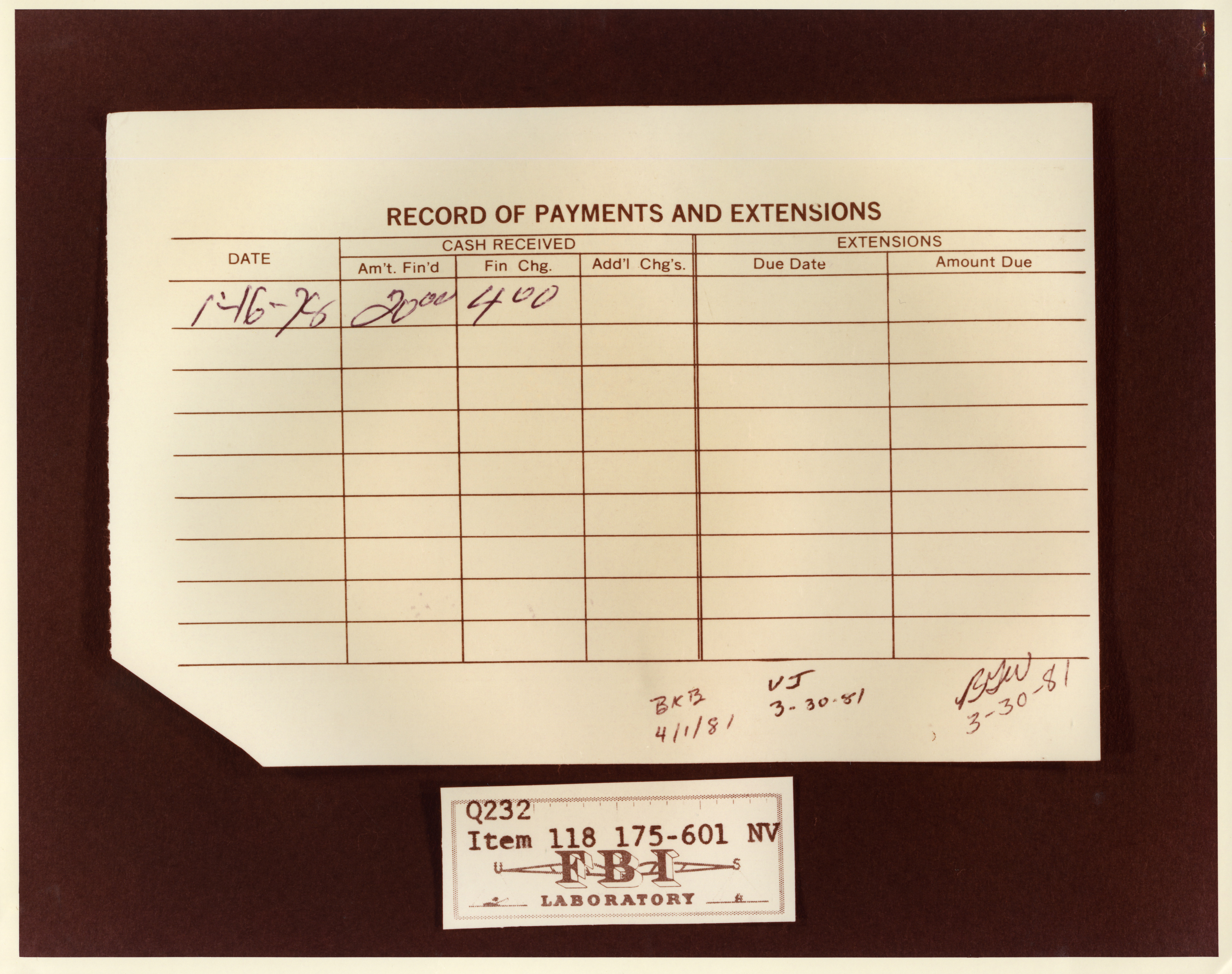 Record of pawn shop payment