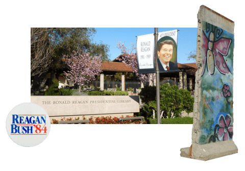 Picture of the Reagan Library with Reagan Banner, a Reagan '84 campaign button, and a piece of the Berlin wall installed at the Reagan Library