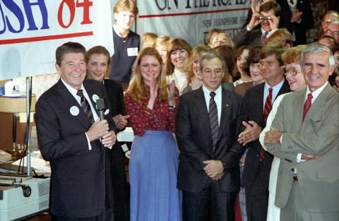 President Reagan speaking to staff a at Reagan Bush Campaign headquarters in Washington, DC with Robert DeProspero Lee Atwater and Paul Laxalt