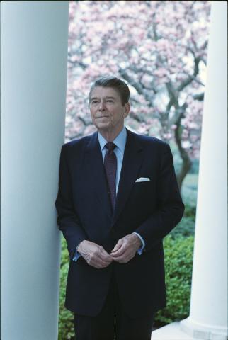 3-30-1988 President Reagan in an interview for an upcoming film documentary to be shown at the "President's Dinner" and then to be given to the Ronald Reagan Library posing on the colonnade