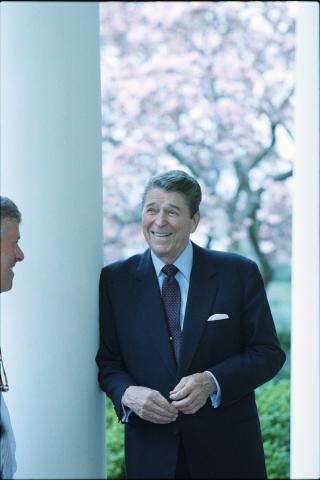 3-30-1988 President Reagan in an interview for an upcoming film documentary to be shown at the "President's Dinner" and then to be given to the Ronald Reagan Library posing on the colonnade