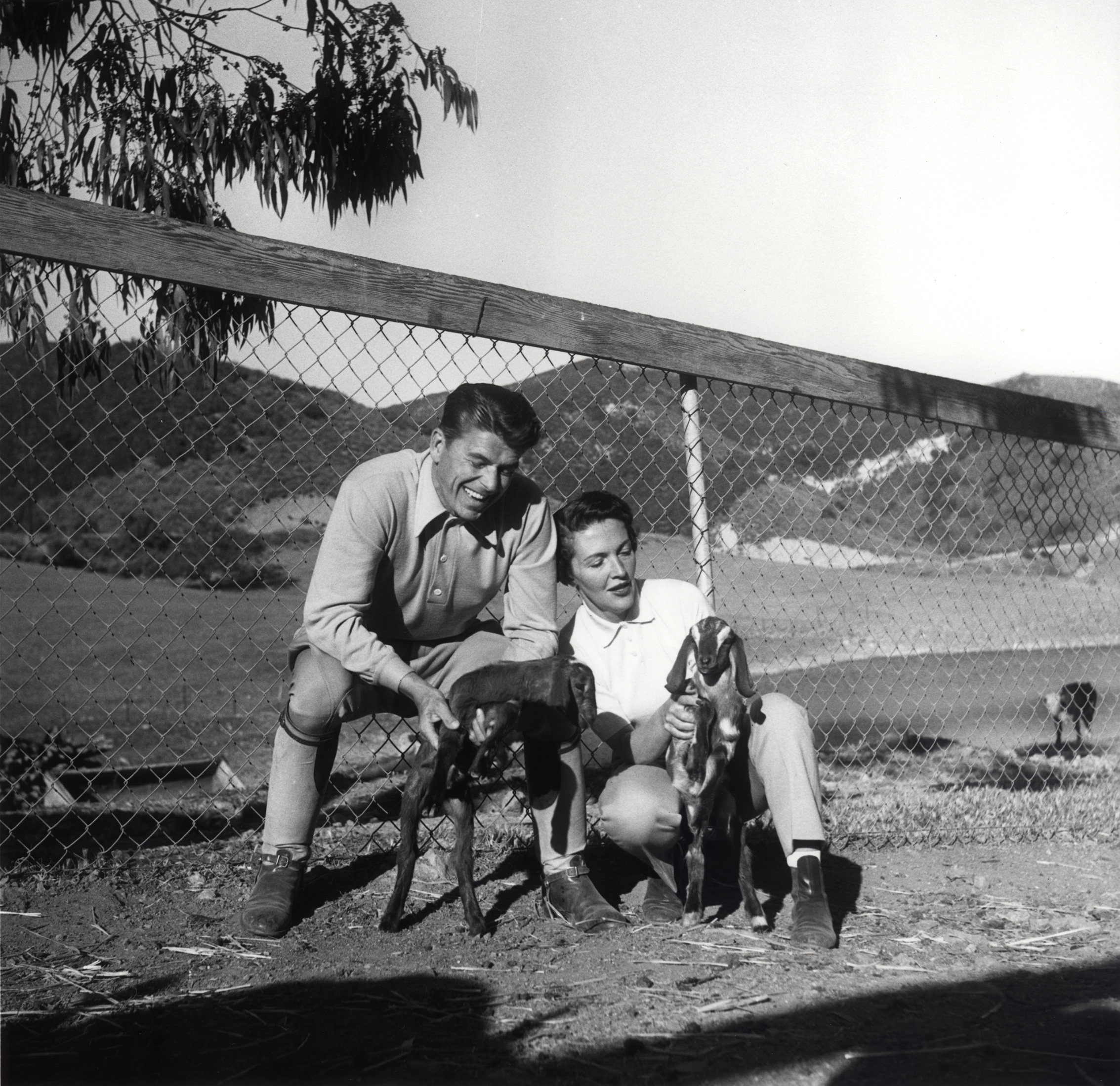 GB84.jpg Ronald Reagan and Nancy Reagan posing with their goats “Nubie” and “Heidi” at Malibu Canyon Ranch