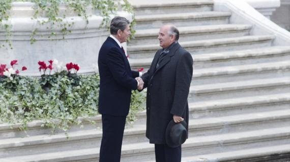 President Ronald Reagan and General Secretary of the Communist Party of the Soviet Union Mikhail Gorbachev shaking hands at Villa Fleur d’Eau in Geneva, Switzerland 11/19/1985