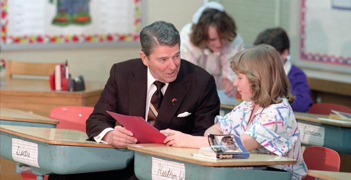 President Ronald Reagan Sitting at a Desk During a Trip to Columbia Missouri and a Visit to Fairview Elementary School