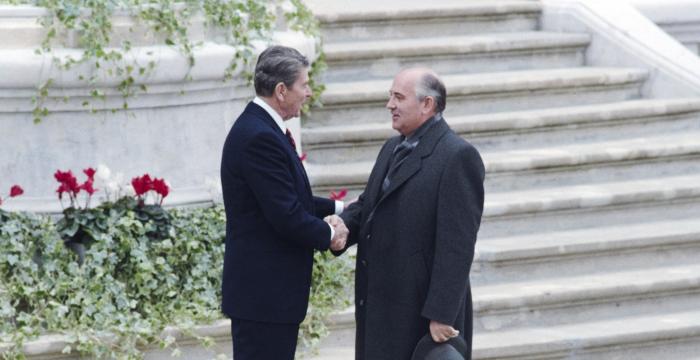 President Ronald Reagan and General Secretary of the Communist Party of the Soviet Union Mikhail Gorbachev shaking hands at Villa Fleur d’Eau in Geneva, Switzerland 11/19/1985