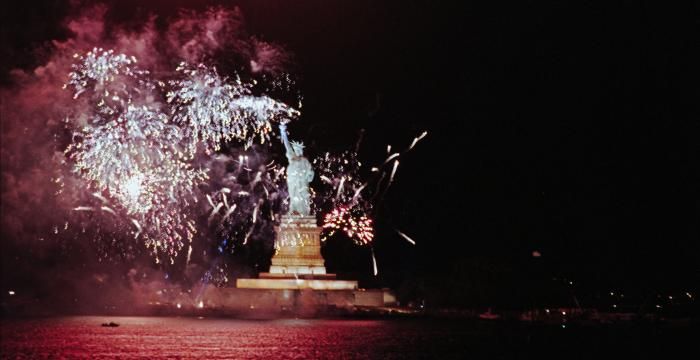 Fireworks near the Statue of Liberty during the opening ceremonies of the Statue of Liberty centennial celebration in New York, New York [C35834-16]