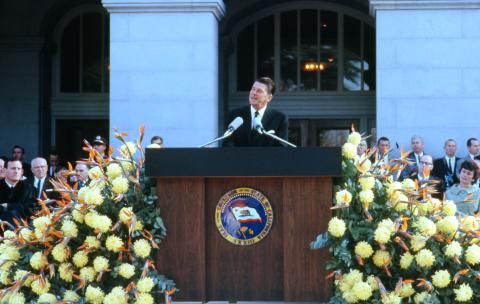 Governor Ronald Reagan giving his Inauguration speech in front of the State Capitol