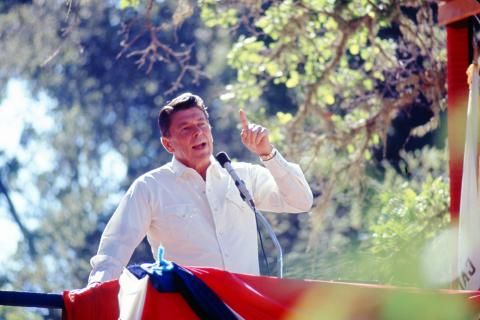 Governor Ronald Reagan during his 1970 campaign at Paso Robles and speaking to supporters at an outdoors event