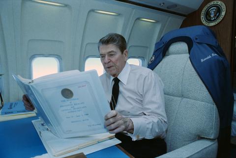 President studying aboard Air Force One