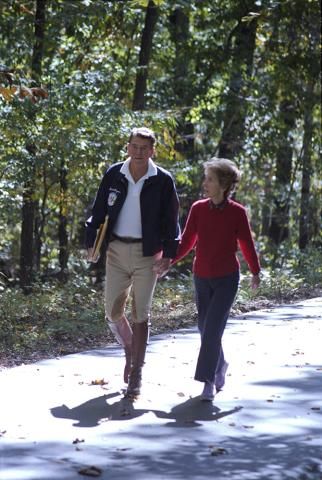 Reagans walking at Camp David