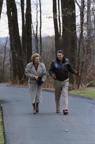 President walking with PM Thatcher