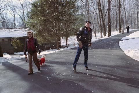President Reagan throwing a snowball at Camp David