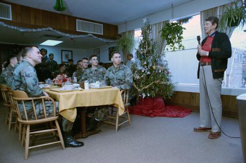 President talking to the troops at Camp David