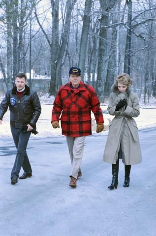 President and Nancy Reagan walking at Camp David