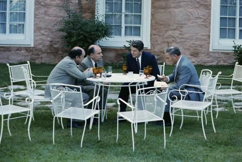 Meeting outside with President Francois Mitterrand of France at Economic Summit