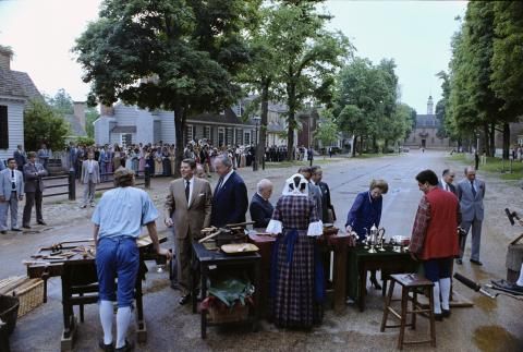 Williamsburg Economic Summit, G-7 Delegates viewing Colonial craft display