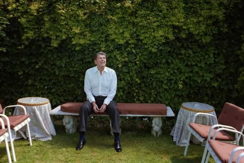 President Reagan sitting alone, Hotel Cipriani in Venice, Italy