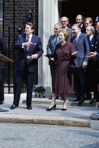 Making joint statement to the press after Meeting with Prime Minister Thatcher at 10 Downing Street during trip to United Kingdom