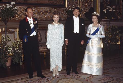 President Reagan, Nancy Reagan, Queen Elizabeth II, Prince Philip at Windsor Castle, St. George's Hall
