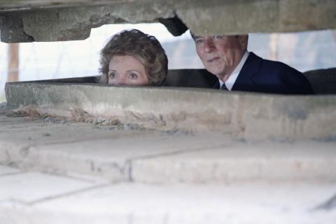 40th Anniversary Of D-Day landings, the Reagans touring Pointe du Hoc, Gun Emplacement