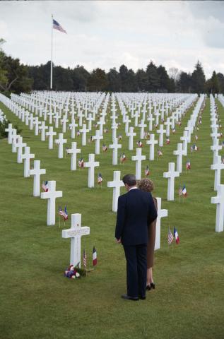 40th Anniversary of D-Day landings, the Reagans visit to grave of Theodore Roosevelt at Omaha Beach Cemetery