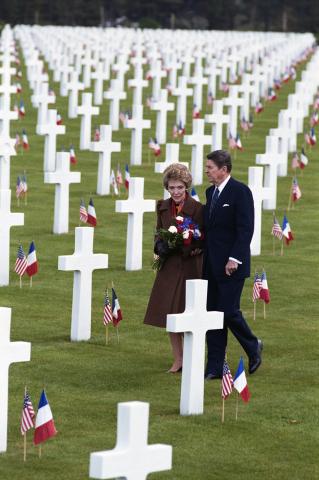 40th Anniversary of D-Day landings, the Reagans visit to grave of Theodore Roosevelt at Omaha Beach Cemetery