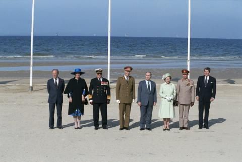40th Anniversary of D-Day landings, Ceremony at Utah Beach with President Reagan, Queen Elizabeth II, Francois Mitterrand, Queen Beatrix, King Olav V, King Baudouin I, Grand Duke Jean, Pierre Trudeau