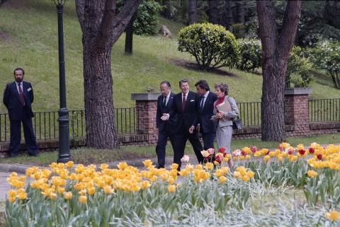President Reagan walking with President Gonzalez and two unidentified people at Moncloa Palace in Madrid, Spain
