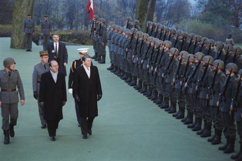 President Reagan and President Kurt Furgler reviewing the Swiss troops during the arrival ceremony at Le Reposoir in Geneva, Switzerland