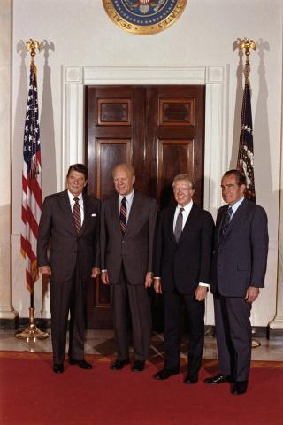 Former presidents at the White House prior to their departure for the funeral of President Sadat of the Arab Republic of Egypt
