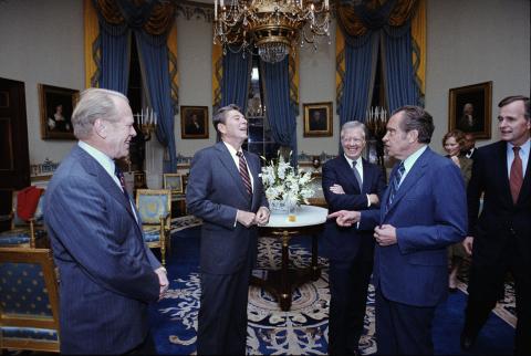 Former presidents at the White House prior to their departure for the funeral of President Sadat of the Arab Republic of Egypt