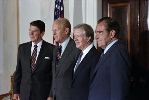 Former presidents at the White House prior to their departure for the funeral of President Sadat of the Arab Republic of Egypt