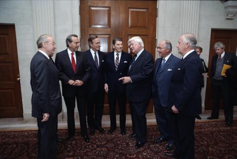 Photo Op. with President Reagan, Nancy Reagan, Bob Dole, Tip O'Neill, James Wright, Charles Mathias, Bob Michel, Wendell Ford In holding room