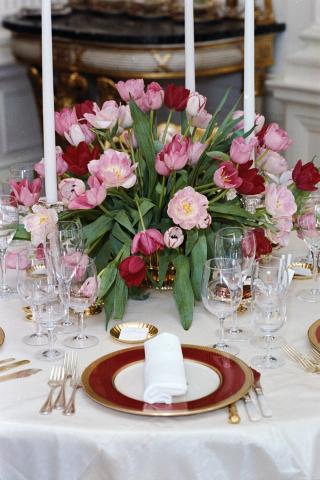 Flower arrangements for the State Dinner for Queen Beatrix and Prince Claus of the Netherlands during State Visit