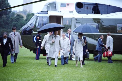 Return to White House aboard helicopter Marine One from Augusta, Georgia, after the bombing of Marine barracks in Beirut, Lebanon