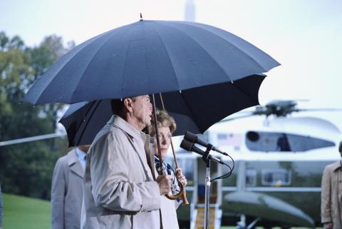 Making a statement to the press regarding the bombing of the Marine Barracks in Beirut, Lebanon