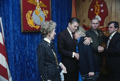 The Reagans a a Memorial Service for servicemen killed and wounded in Lebanon and Grenada, Meeting Family Members