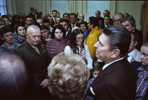 The Reagans at a Memorial Service for servicemen killed and wounded in Lebanon and Grenada, Meeting Family Members