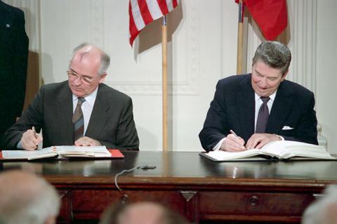 President Ronald Reagan and Soviet General Secretary Gorbachev Signing The INF Treaty in The East Room
