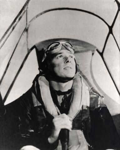 Ronald Reagan flying a P-40 airplane in a still from the US Army Air Forces training film "Recognition of the Japanese Zero" (First Motion Picture Unit). 1943.