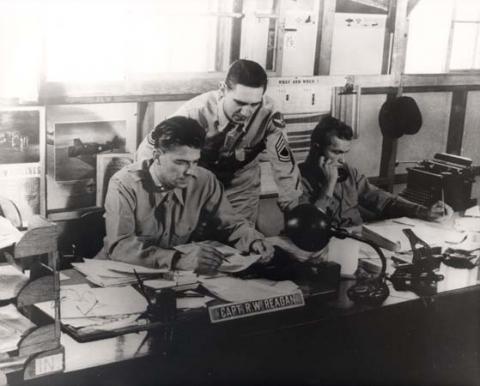 H84, Captain Ronald Reagan in the US Army Air Forces working for the First Motion Picture Unit in Culver City, California. 1943-1944.