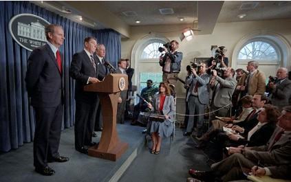 President Ronald Reagan delivering his Remarks Announcing the Nomination of James Baker to be Secretary of the Treasure and the Appointment of Donald Regan as Assistant to the President and Chief of Staff 01/08/1985  NAID: 75853837
