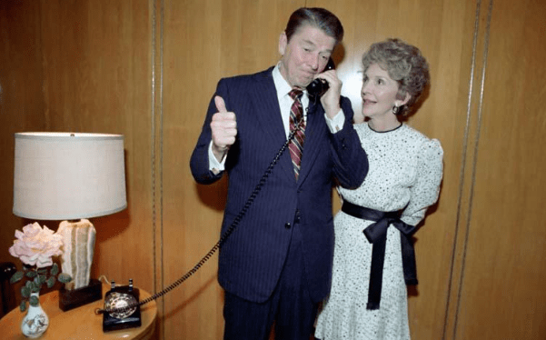 President Ronald Reagan and Nancy Reagan receiving a concession telephone call from Democratic presidential candidate former Vice President Walter Mondale while at the Jorgensen residence in Los Angeles, California 11/06/1984