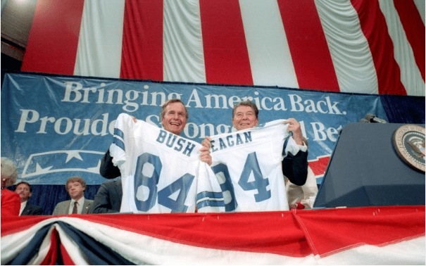 President Ronald Reagan and Vice President George Bush at a welcoming rally at the Loews-Anatole Hotel in Dallas, Texas 08/22/1984