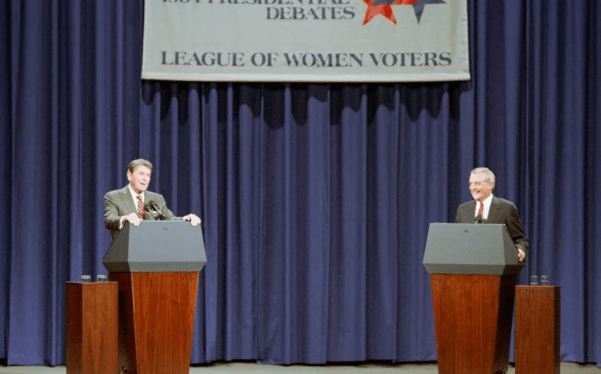 President Ronald Reagan and Democratic presidential candidate former Vice President Walter Mondale during the second presidential debate on defense and foreign policy in Kansas City, Missouri 10/21/1984 