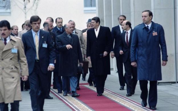 President Ronald Reagan and General Secretary Mikhail Gorbachev arriving at the Soviet Mission in Geneva, Switzerland, 11/20/1985