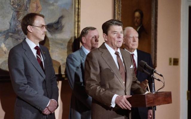 President Ronald Reagan delivering remarks during the announcement to the press on the formation of Presidential Commission on the Space Shuttle Challenger Accident in the Roosevelt Room. 02/03/1986. 