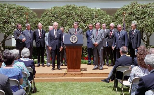 President Ronald Reagan delivering Remarks on Receiving the Final Report of the Presidential Commission on the Space Shuttle Challenger Accident. 06/09/1986. C35417-26.
