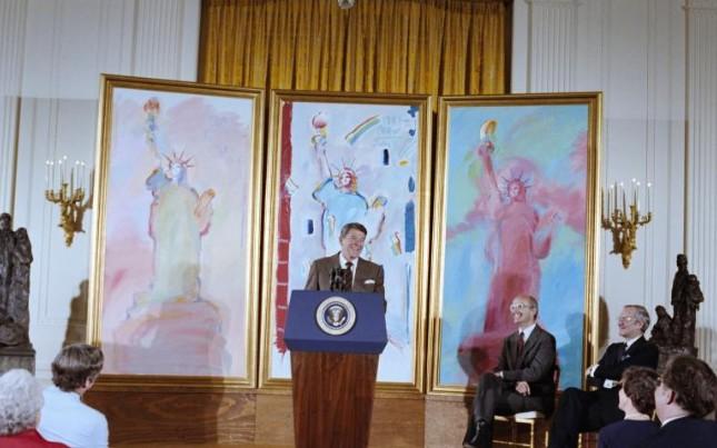 President Ronald Reagan delivering his Remarks Announcing the Formation of the Statue of Liberty-Ellis Island Centennial Commission in the East Room 05/18/1982 
