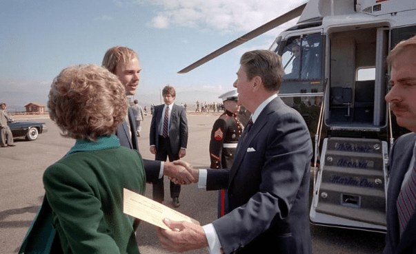 President Ronald Reagan and Nancy Reagan arriving via Marine One at the Santa Ynez Airport in Santa Ynez, California to turn in their absentee ballots 11/06/1984 